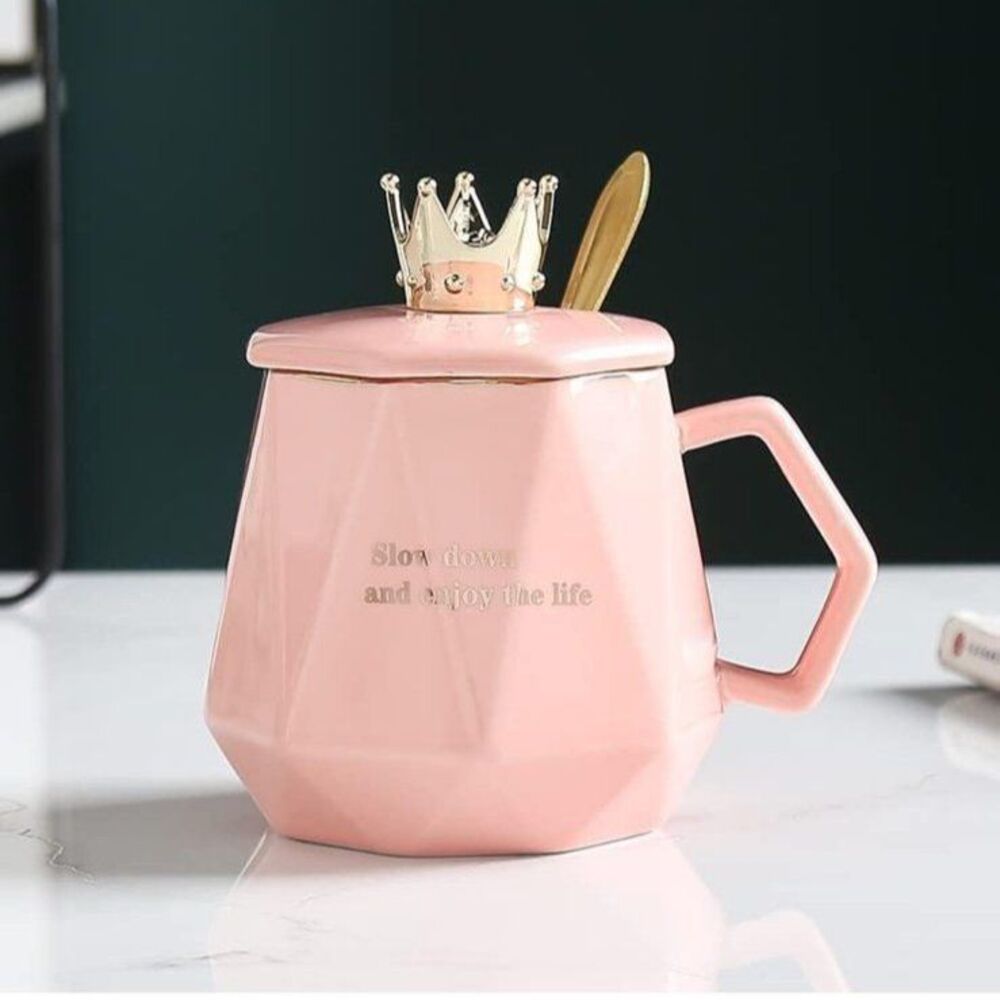 Brand New Pink coffee warmer mug& hot plate set + lid and golden spoon open box